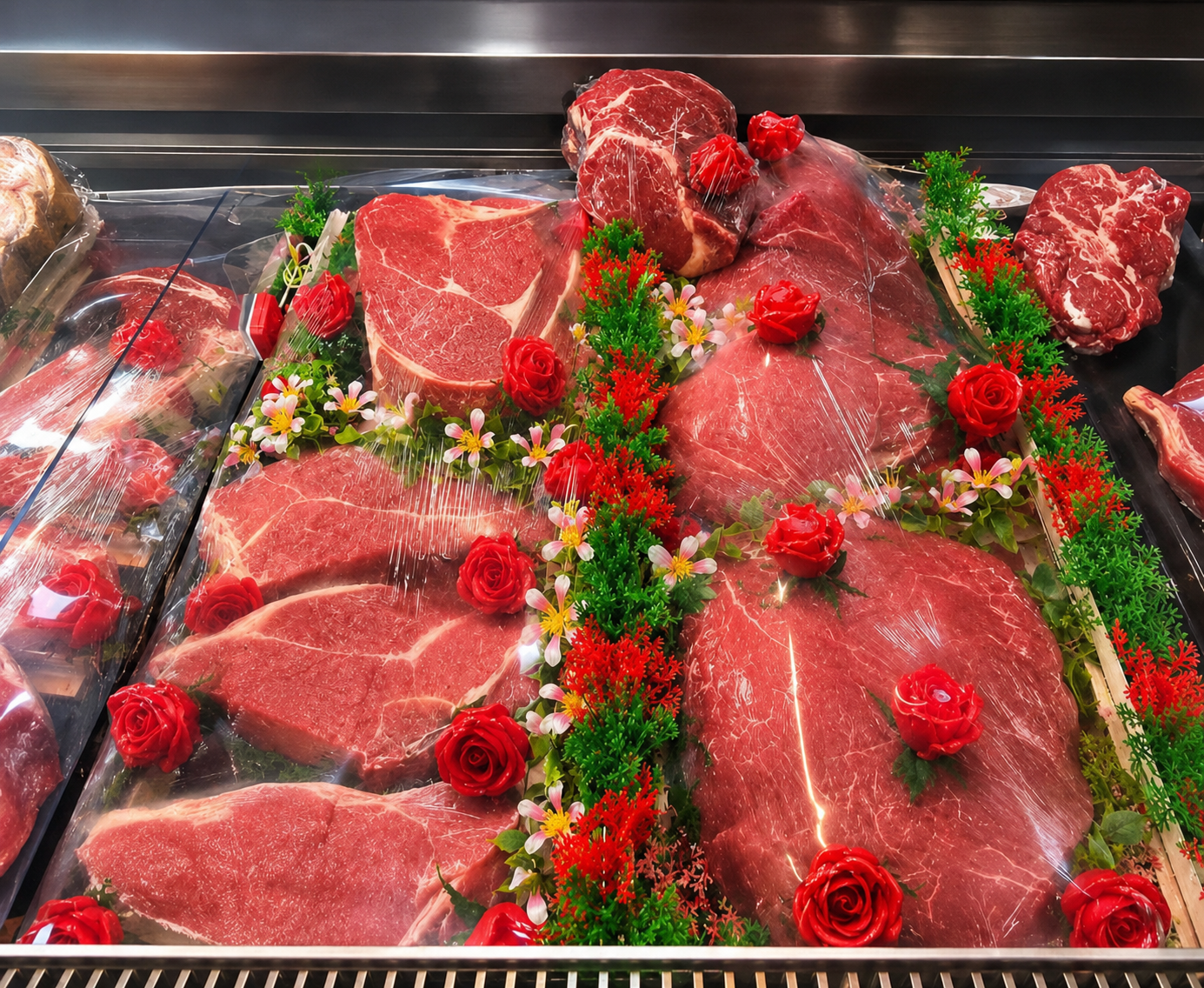 Pièces de bœuf persillées présentées en vitrine