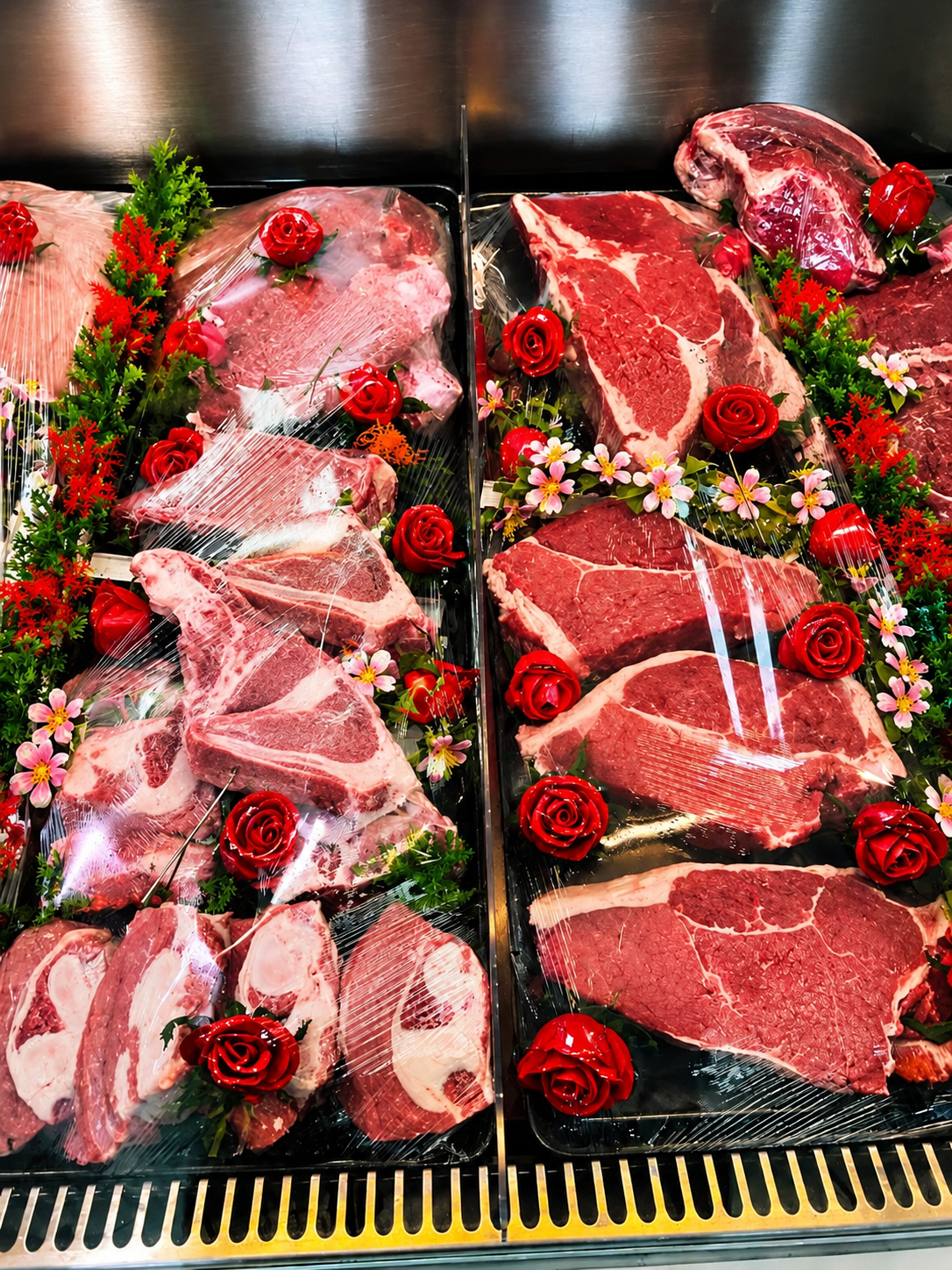 Plateaux de pièces de veau et de côtes en vitrine